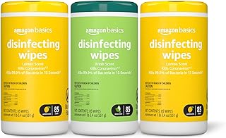 Amazon Basics Disinfecting Wipes, Lemon & Fresh Scent, Sanitizes, Cleans, Disinfects & Deodorizes, 255 Count (3 Packs of 85)