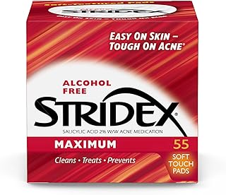 Stridex Medicated Acne Pads, Maximum, 55 Count – Facial Cleansing Wipes, Alcohol Free, Acne Treatment for Face, For Modera...
