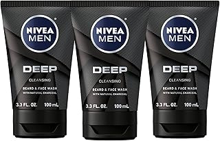 Nivea Men DEEP Cleansing Beard and Face Wash, Enriched with Natural Charcoal, 3 Pack of 3.3 Fl Oz Tubes