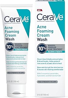 CeraVe Acne Foaming Cream Wash | Gentle Face and Body Acne Cleanser with Benzoyl Peroxide 10%, Hyaluronic Acid, and Niacin...