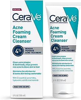 CeraVe Acne Foaming Cream Cleanser | Acne Treatment Face Wash with 4% Benzoyl Peroxide, Hyaluronic Acid, and Niacinamide |...