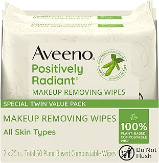 Aveeno Positively Radiant Oil-Free Makeup Removing Face Wipes to Help Even Skin Tone and Texture with Moisture-Rich Soy Ex...