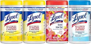 Lysol Disinfectant Wipes Bundle, Multi-Surface Antibacterial Cleaning Wipes, contains x2 Lemon &amp; Lim Blossom, Crisp Linen, Mango &amp; Hibiscus, 80 Count (Pack of 4)