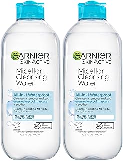 Garnier Micellar Water For Waterproof Makeup, Facial Cleanser & Makeup Remover, 13.5 Fl Oz (400mL), 2 Count (Packaging May...