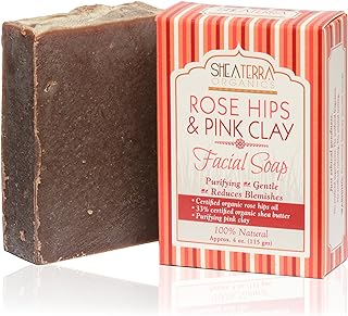 Shea Terra Organics Rose Hips & Pink Clay Facial Cleansing Soap | Anti-Aging, Anti-Acne Wonder Soap | All Skin Types - 4 oz