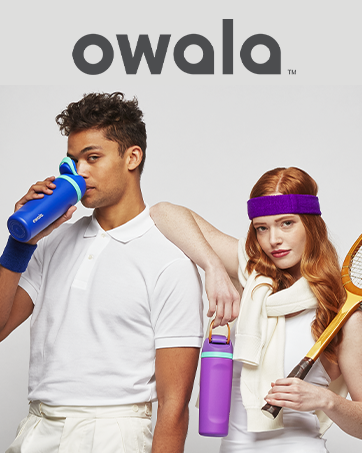 owala logo on image of man and woman in tennis gear drinking from owala bottles