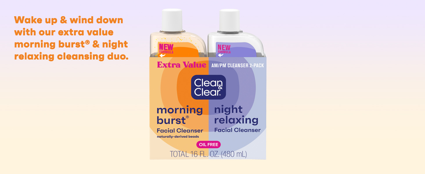 Clean & Clear Night & Day duo on light purple to orange gradiant background, wake up & wind down duo