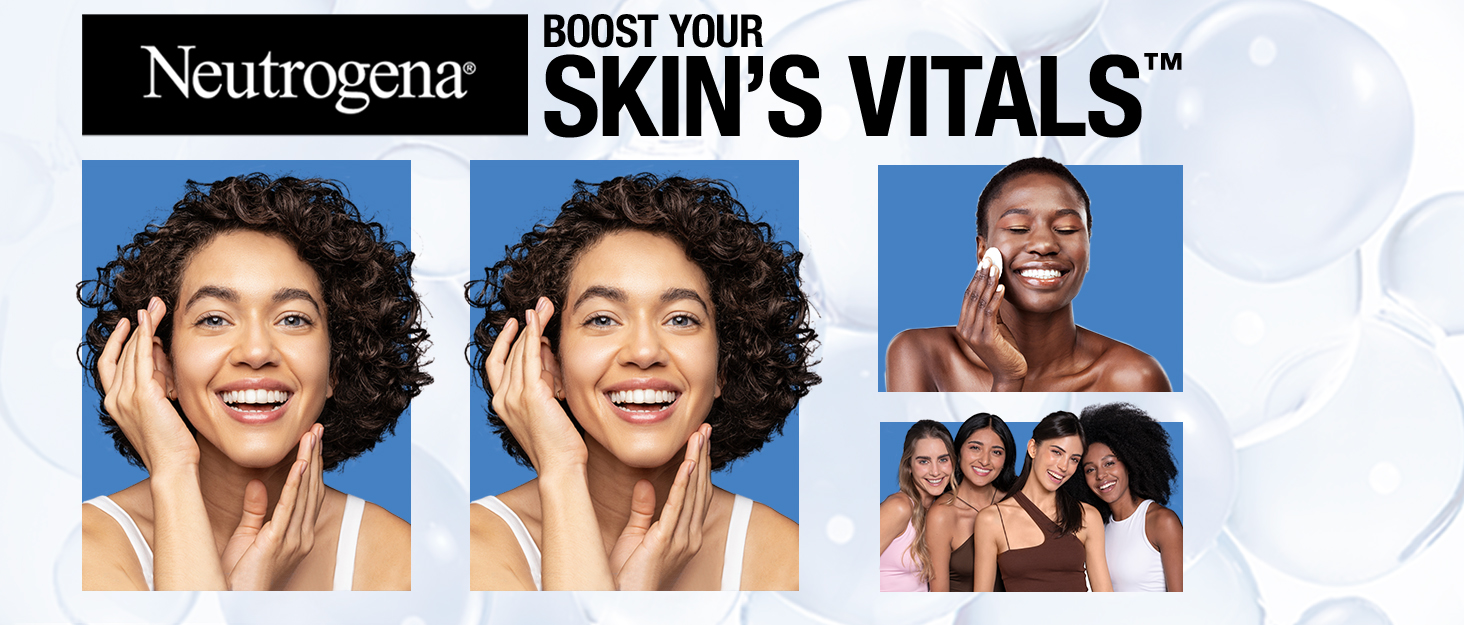 Neutrogena logo on black bar women smiling with glowing complexions varying skin tones healthy skin