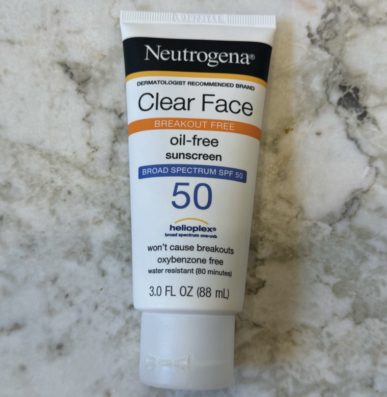 A bottle of Neutrogena Clear Face Liquid Lotion Sunscreen SPF 50.