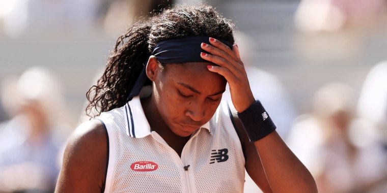Coco Gauff  reacts during the  at the French Open's Women's Singles Semi-Final match against Iga Swiatek at Roland Garros in Paris.