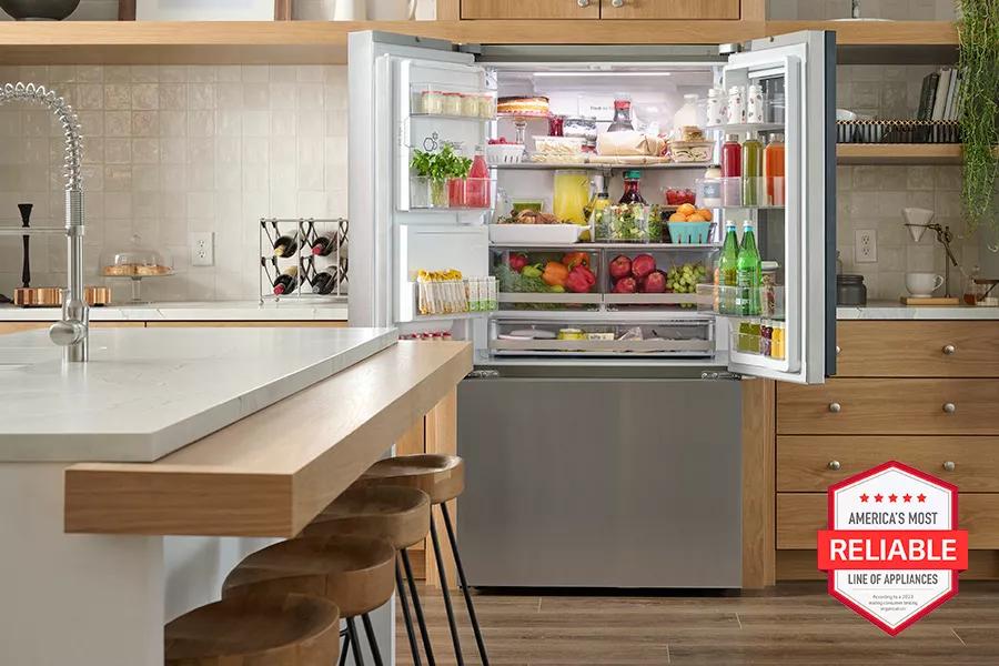 LG refrigerator in cozy kitchen view 