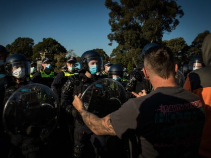 MELBOURNE, AUSTRALIA - SEPTEMBER 22: Members of Victoria Police and Protesters clash at th
