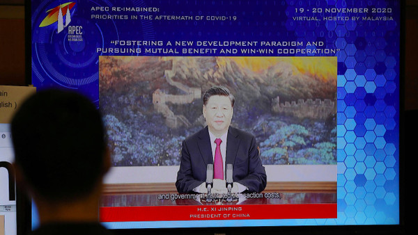 Sieht sich als Verteidiger des offenen Welthandels: Chinas Präsident Xi Jinping auf dem virtuellen Gipfel der Apec-Staaten.