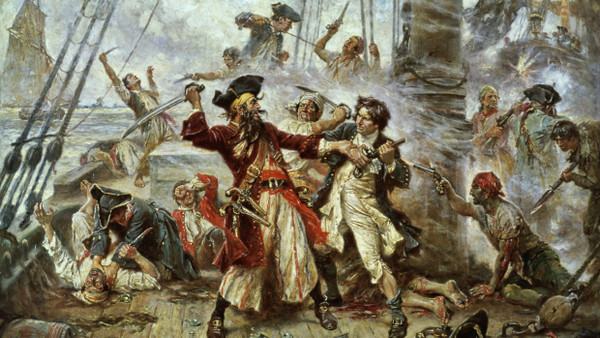 Alle, die mit uns auf Kaperfahrt fahren, müssen Männer mit Bärten sein: Gefangennahme des Piraten Edward Teach, genannt Blackbeard, gemalt von Jean Leon Gerome Ferris (1863–1930)