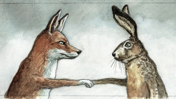 Ein Hase und ein Fuchs geben sich die Hand.