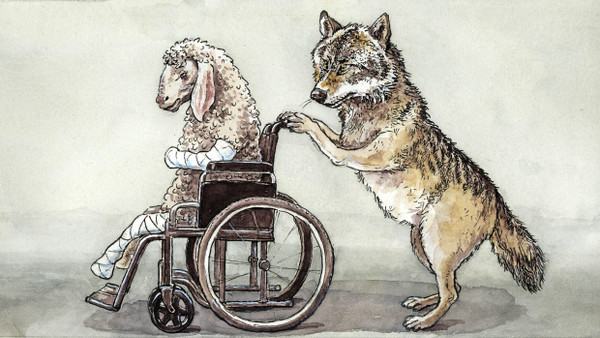 Ein Wolf schiebt ein im Rollstuhl sitzendes Schaf.