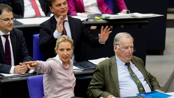 Alice Weidel (l.) und Alexander Gauland (r.), die Fraktionsvorsitzenden der AfD, im Bundestag während einer Rede des früheren CDU-Fraktionschefs Volker Kauder