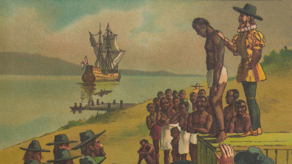 Die Geschichte von Sklaverei und Demokratie sind eng verwoben: Eine Lithografie zeigt die Ankunft der ersten schwarzen Sklaven in Virginia zu Beginn des 17. Jahrhunderts.