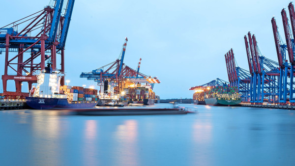 Containerschiffe liegen im Hamburger Hafen.