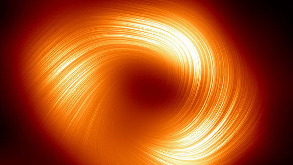 Glüh im Glanze: Das Schwarze Loch im Zentrum der Milchstraße wird sichtbar als Schatten (dunkler Fleck in der Mitte) in er vor Mikrowellenstrahlung (orange) abstrahlenden Umgebung. Die nun gemessene Polarisation dieser Strahlung zeichnet die das Loch umbebenden Magnetfelder nach (Linien).