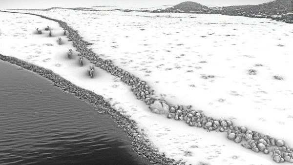 Das vom Leibniz-Institut für Ostseeforschung Warnemünde (IOW) zur Verfügung gestellte Foto zeigt eine grafische Rekonstruktion des Steinwalls als Treibjagdstruktur in einer spätglazialen bzw. frühholozänen Landschaft.