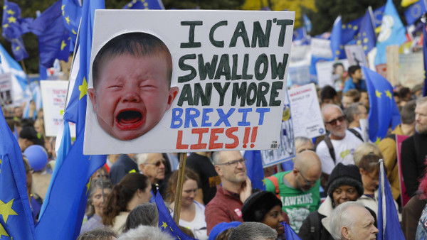 Demonstranten tragen am 19. Oktober in London EU-Flaggen und ein Plakat mit der Aufschrift „Ich kann keine Brexit-Lügen mehr schlucken“.