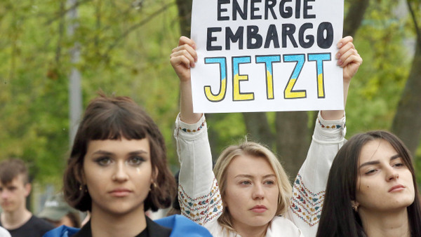 Eine Demonstrantin in Berlin fordert Anfang Mai: „Energie Embargo Jetzt“