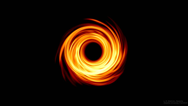 Dasselbe Schwarze Loch wie im  großen Bild unter demselben Blickwinkel. Gezeigt ist nur die von den Elektonen des Plasmas emittierte Radiostahlung. Dabei wurde nun auch die Verbiegung der Lichtwege durch das Gravitationsfeld berücksichtigt. Dieses Bild ergäbe sich mit einem perfekten Teleskop beliebig hoher Auflösung.