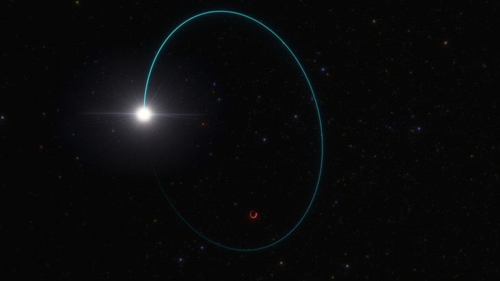Illustration des Schwarzen Lochs Gaia BH3 und seines Begleitsterns (links oben).
