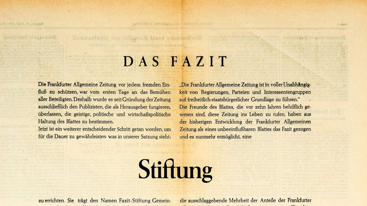 Ein Manifest der Unabhängigkeit: Die F.A.Z. setzte am 25. April 1959 die Öffentlichkeit von der Gründung der FAZIT-Stiftung in Kenntnis.