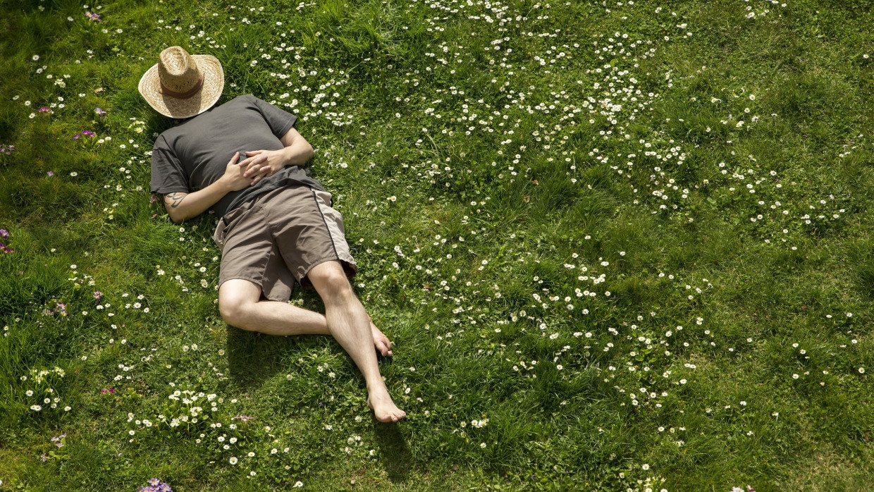 Mehr Freizeit statt Arbeit? Ein Mann liegt auf einer grünen Wiese.