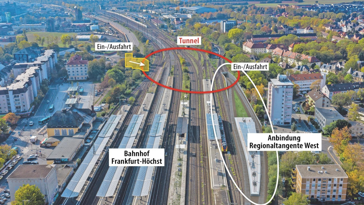 Verstecktes Zukunftsprojekt: Für die Regionaltangente West wird unter dem Bahnhof Höchst, Frankfurts zweitgrößtem Bahnhof, ein Tunnel gebaut, damit die Züge von dort zum Industriepark Höchst und weiter zum Flughafen fahren können.