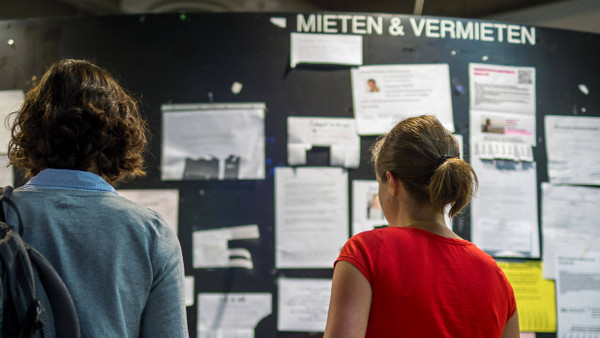 Zwei Studentinnen betrachten Wohnungsanzeigen am Schwarzen Brett in der Mensa der Ludwig-Maximilians-Universität in München