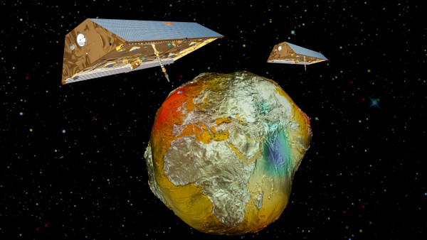 Die Satelliten-Zwillinge GRACE mit dem Schwerefeld der Erde (in stark überhöhter Form) hergeleitet aus Messdaten der Satelliten CHAMP und GRACE sowie aus Daten der Gravimetrie und Satelliten-Altimetrie.