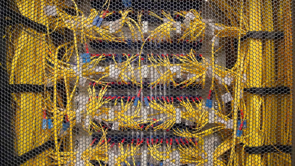 Glasfaserkabel an einem Server in einem Rechenzentrum in Frankfurt