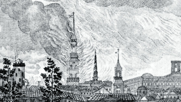 Der große Brand von Kopenhagen 1795 in einer zeitgenössischen Darstellung