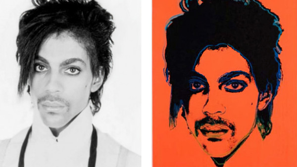Streitobjekte: links Lynn Goldsmiths Fotografie von Prince, rechts Andy Warhols darauf basierendes Bild „Orange Prince“