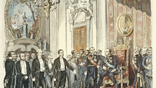 Der preußische König Friedrich Wilhelm IV. will kein Kaiser von Gnaden der Nationalversammlung werden, vergeblich tragen ihm Deputierte am 3. April 1849 die Kaiserkrone an.