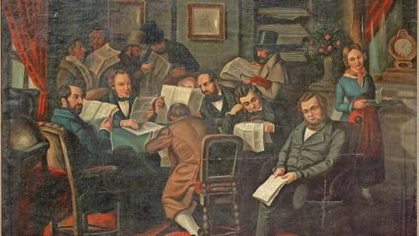 Zeitungslesende „1848er”, darunter von rechts Robert Blum, Karl Mathy, Lorenz Brentano, Georg Gottfried Gervinus und Karl Mittermeier