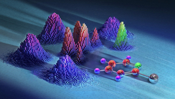 Zerlegtes Iodpyridin-Molekül: Kohlenstoff rot, Stickstoff grün, Iod grau, Wasserstoff violett. Recht ist das Modell der aromatischen Verbindung zu sehen.