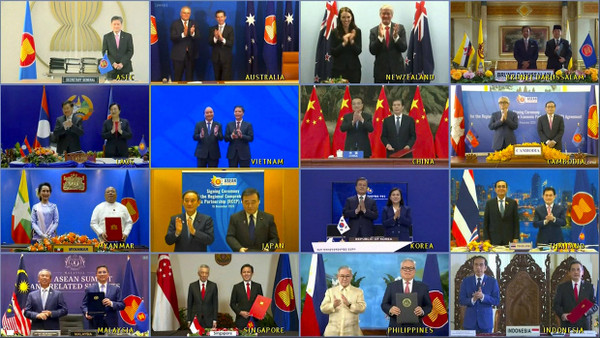 Ein Screenshot der Videokonferenz zur Besiegelung des RCEP-Abkommens zeigt die Vertreter der beteiligten Staaten.