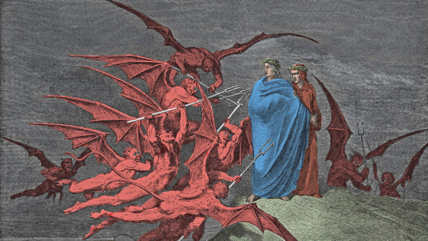 Bedroht von Dämonen:  Vergil und Dante im 21. Gesang des „Infernos“. Die Szene hat Gustave Doré im Jahr 1885  verewigt.