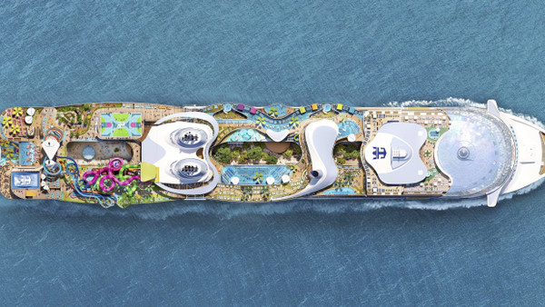 So muss man sich die neue Königin vorstellen: Die Icon of the Seas wird bald das größte Kreuzfahrtschiff auf den Weltmeeren sein und vermutlich Ende 2023 in See stechen.