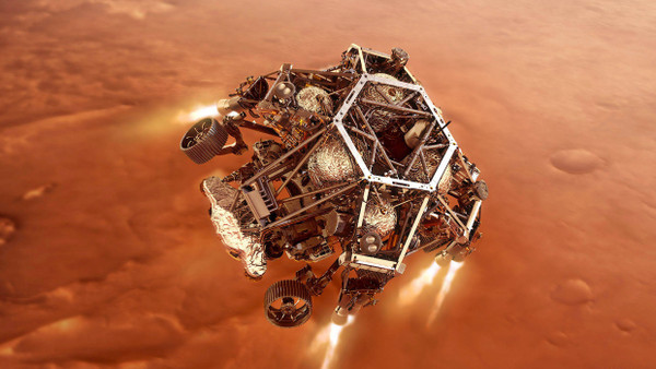 Sicher verpackt: In dieser Illustration nähert sich der Nasa-Rover Perseverance bereits der Marsoberfläche.