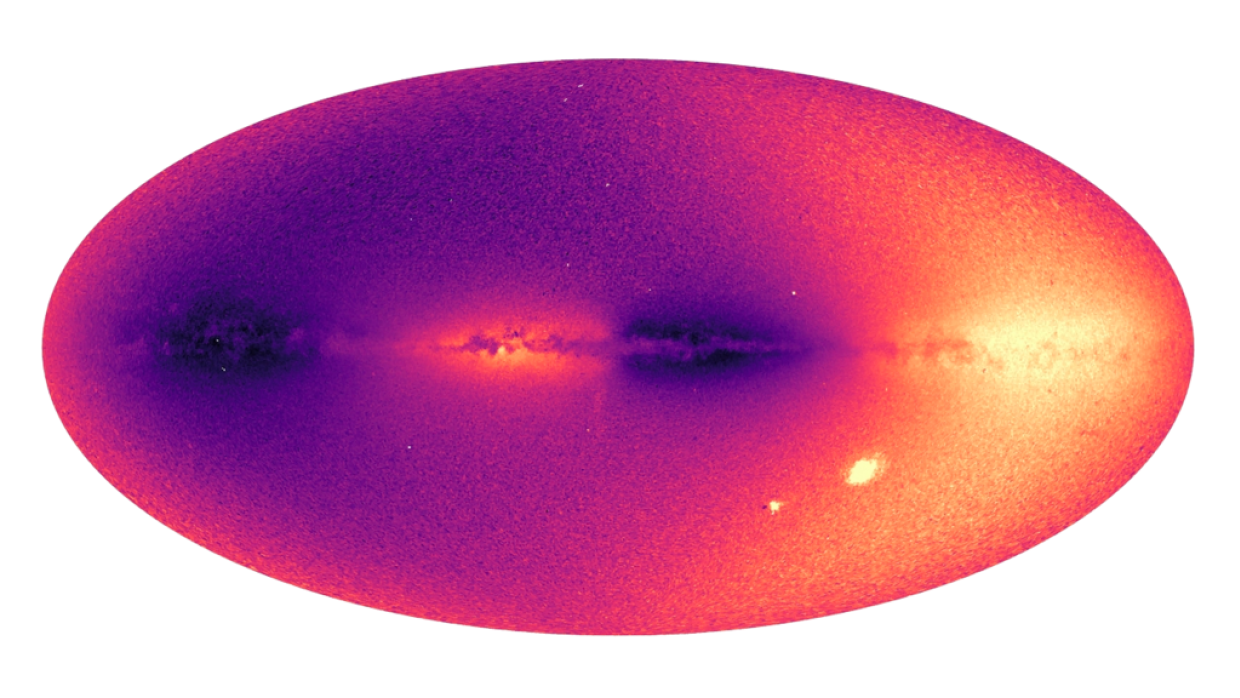 Farblich dargestellt sind hier die radialen Geschwindigkeiten von mehr als 30 Millionen Objekten der Milchstraße. Helle Bereiche bewegen sich von uns weg, dunkle auf uns zu. Sichtbar wird so die projizierte Rotation der Scheibe. Die hellen Flecken im unteren Bereich sind die Magellanschen Wolken.