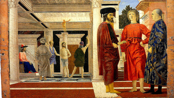 Nicht einmal alle vornehmen Männer brauchen Schuhe. Das lässt dem Schuster Zeit. Die „Geißelung Christi“ von Piero della Francesca hängt in der Galleria Nazionale delle Marche in Urbino.