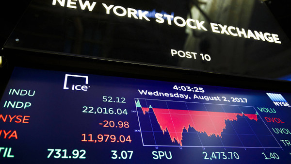 Monitor auf dem Flur der New Yorker Börse zeigt den Dow Jones am Mittwoch.