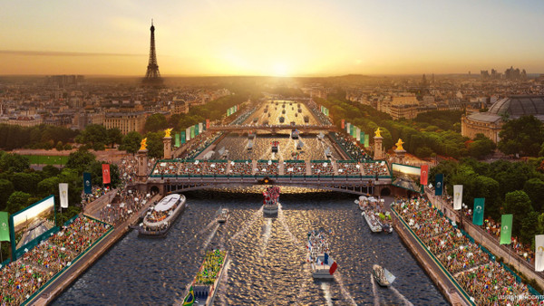 Animierende Animation: Die Eröffnungsfeier der Sommerspiele in Paris mit Athletinnen und Athleten auf den Booten sowie 300.00 Zuschauern am Ufer der Seine.