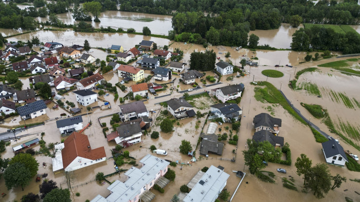 Erinnerung an den verheerenden August 2023 in Slowenien. Ein überflutetes Gebiet in der Nähe der Stadt Kamnik.
