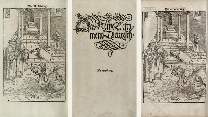 Metamorphosen des Bösen: Die Tiara, das Symbol der Papstkirche, hat die Revision der Illustrationen des Septembertestaments (links) nicht überlebt.